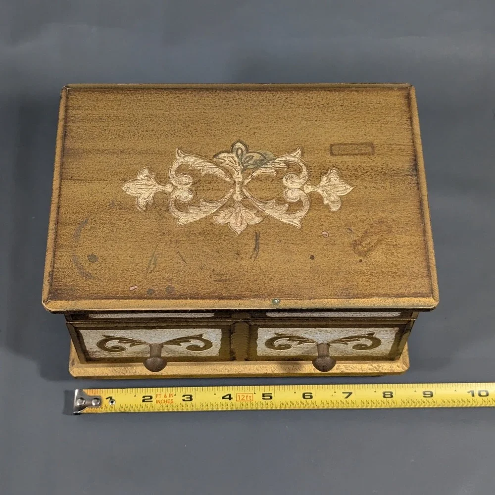 Vintage Gold Wood Jewelry Box Red Velvet Lined Cantilever Tray Scrollwork